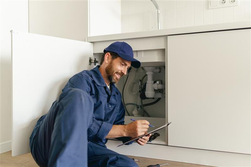 Residential plumber reviewing plumbing repairs in a West Jordan kitchen