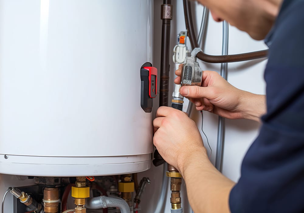Technician repairing pipes connected to a water heater in West Jordan